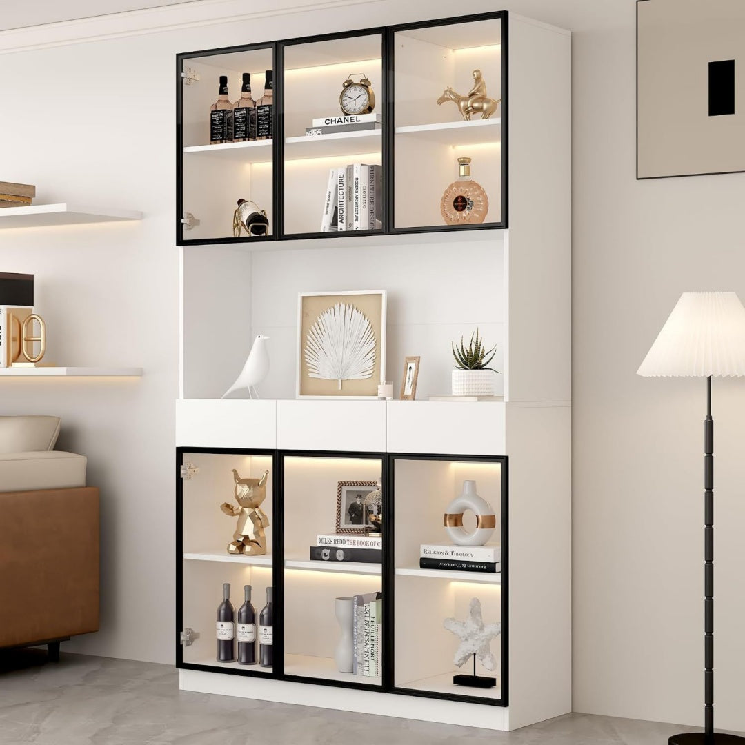Bibliotheque gris clair avec eclairage LED 6 portes et 3 tiroirs