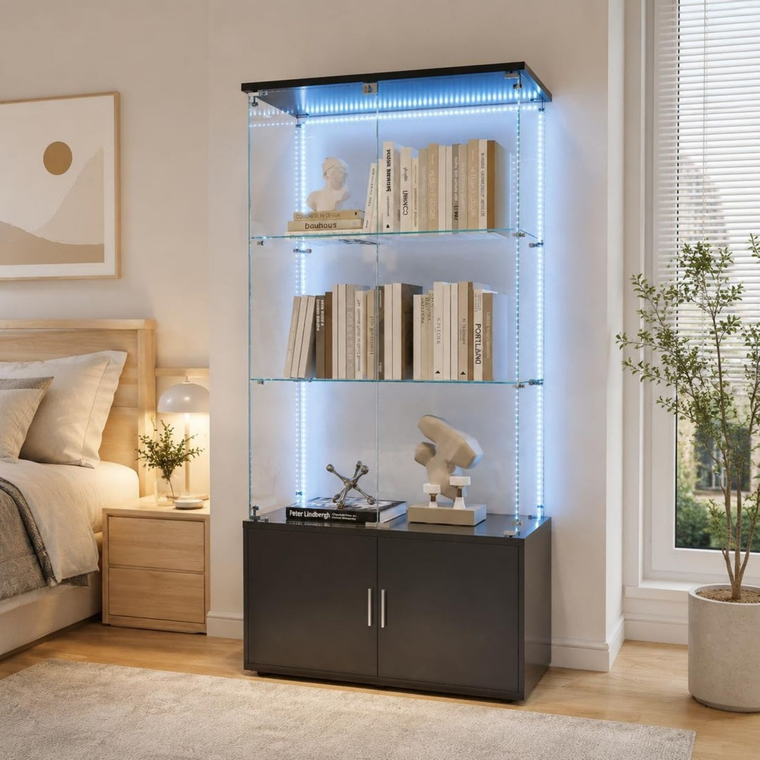 Vitrine marron en verre trempe, style industriel, rangement spacieux
