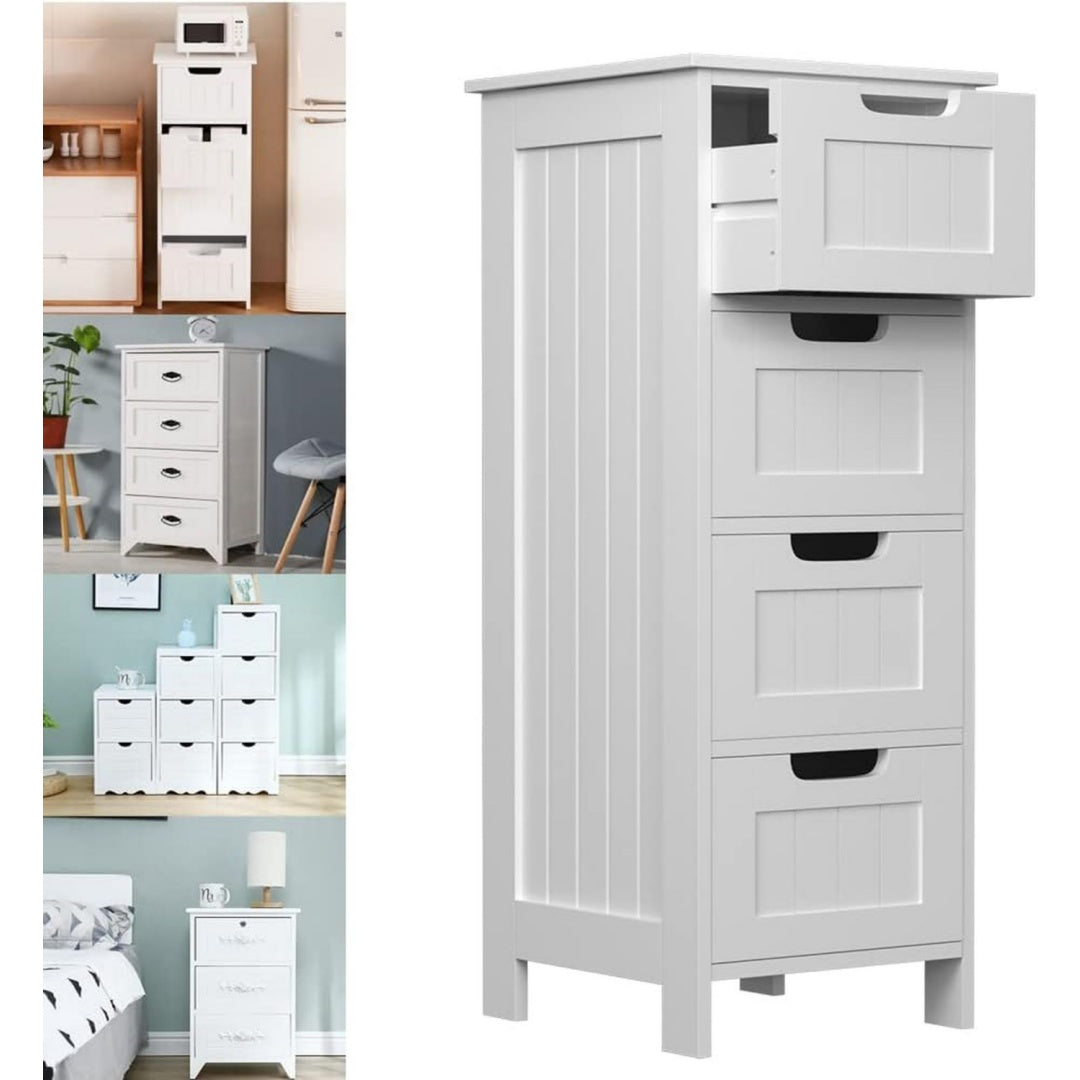 Commode en MDF teinte gris clair, quatre tiroirs