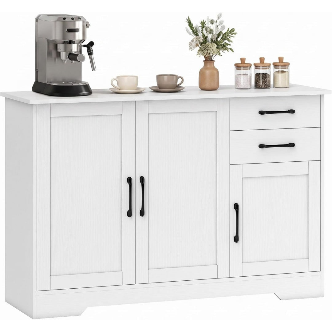 Meuble de rangement buffet gris clair, deux tiroirs, deux portes