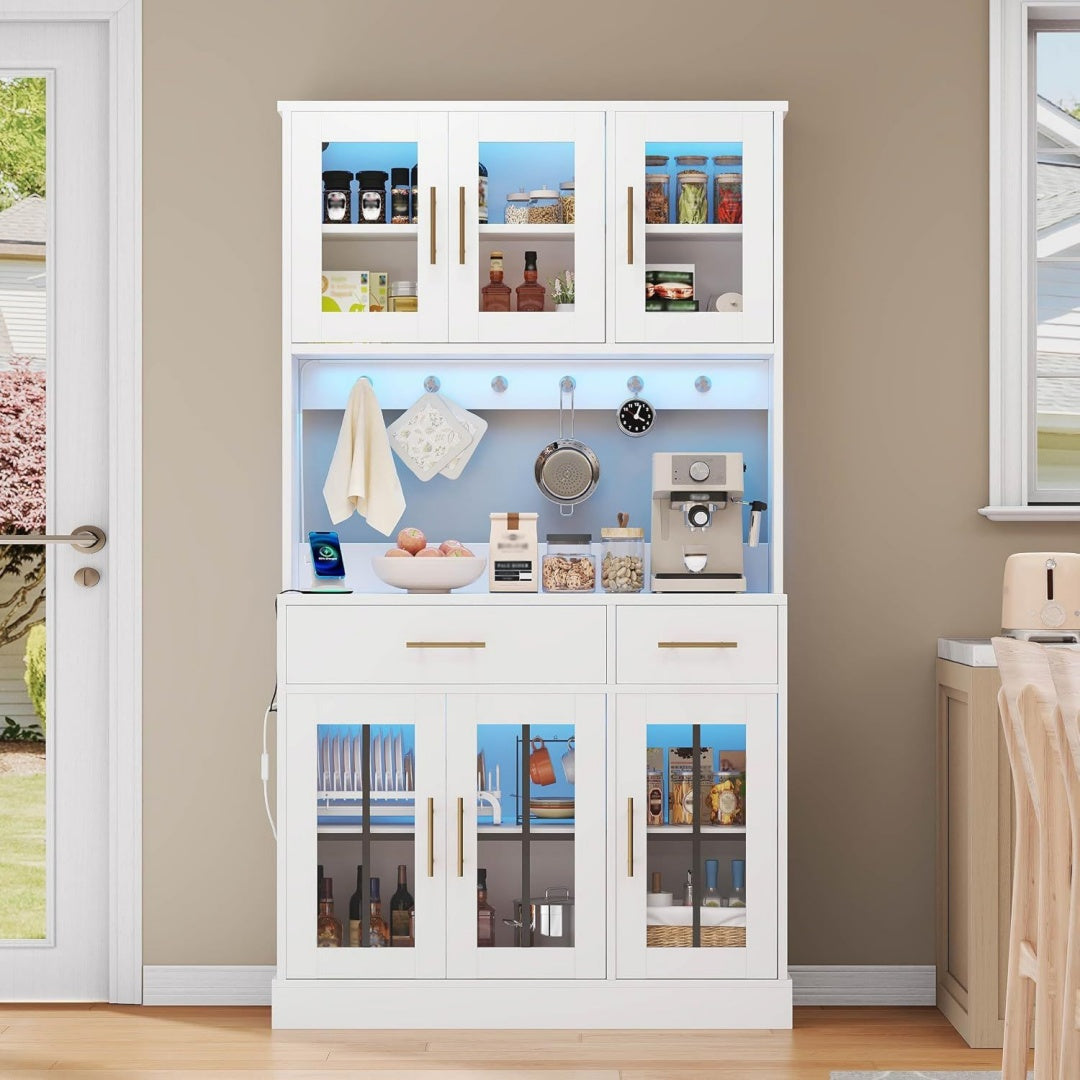 Esprit Discret, buffet haut gris clair en bois 4 portes